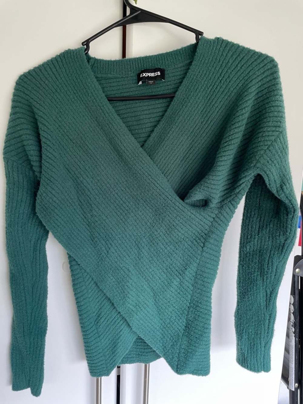 Express Teal Green Ribbed Wrap V-Neck Sweater